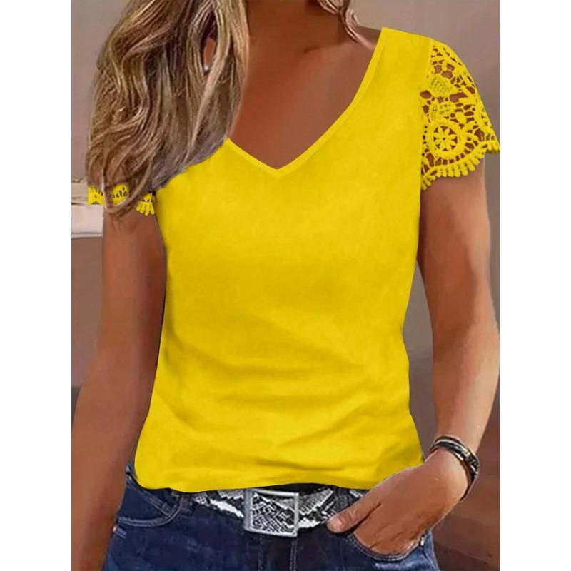 Summer New Hot Selling Women's V Neck Lace Sleeves Fashion Spliced T-Shirt Tops