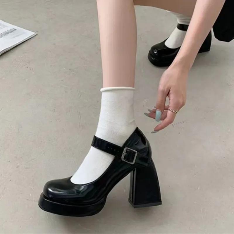 Dámské boty Mary Jane, nové, vysoké podpatky, dámské korejské, silné, kulaté, retro, bílé a černé, vysoké podpatky, svatební boty pro nevěstu