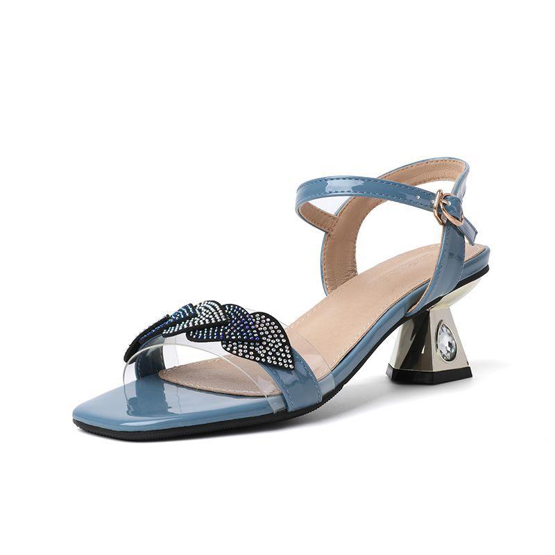 Real Soft Leather One-word Heel Sandals Women's Shoes 2024 New Middle Heel Outer Wear Rhinestone Open-toed Soft-soled Shoes