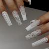 24 Wearable Nail Pieces Nail Art Wearable Nail White Glitter Rhinestone False Nail Extension Removable Nail