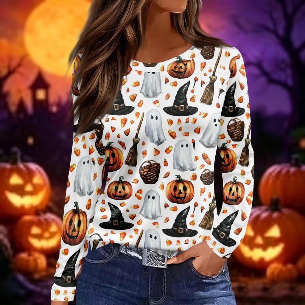 Women's Halloween Print Long Sleeve Pullover Top Round Neck Split Hem Casual Loose Fit Lightweight Sweatshirt