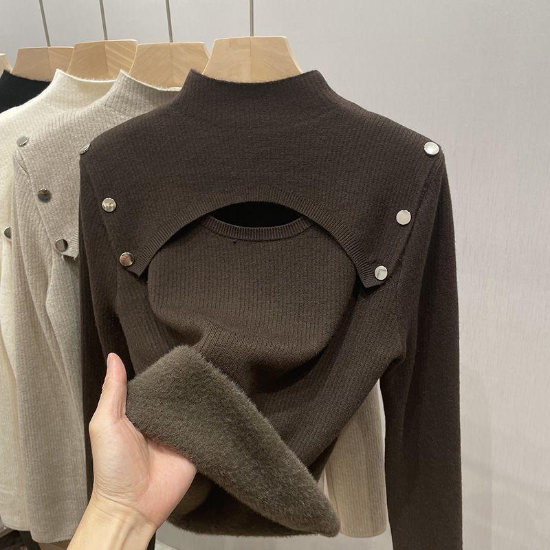 

Женский свитер осень-зима с полуворотом, вязаный женский тонкий сексуальный ажурный кашемировый пуловер XL кофейный