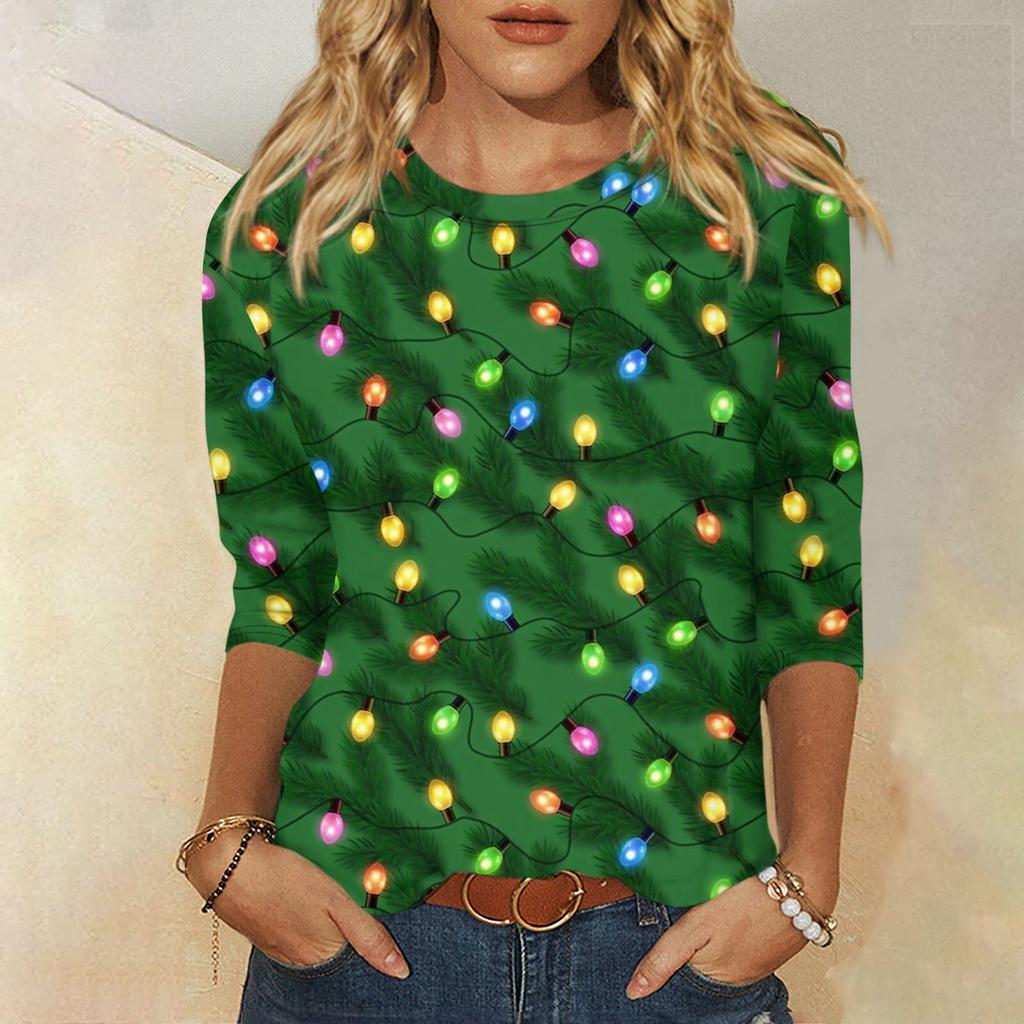 Christmas Limited Edition Women's 3D Red Christmas Tree Printed Round Neck Long Sleeve T-shirt Fashion Casual Long Sleeve Top