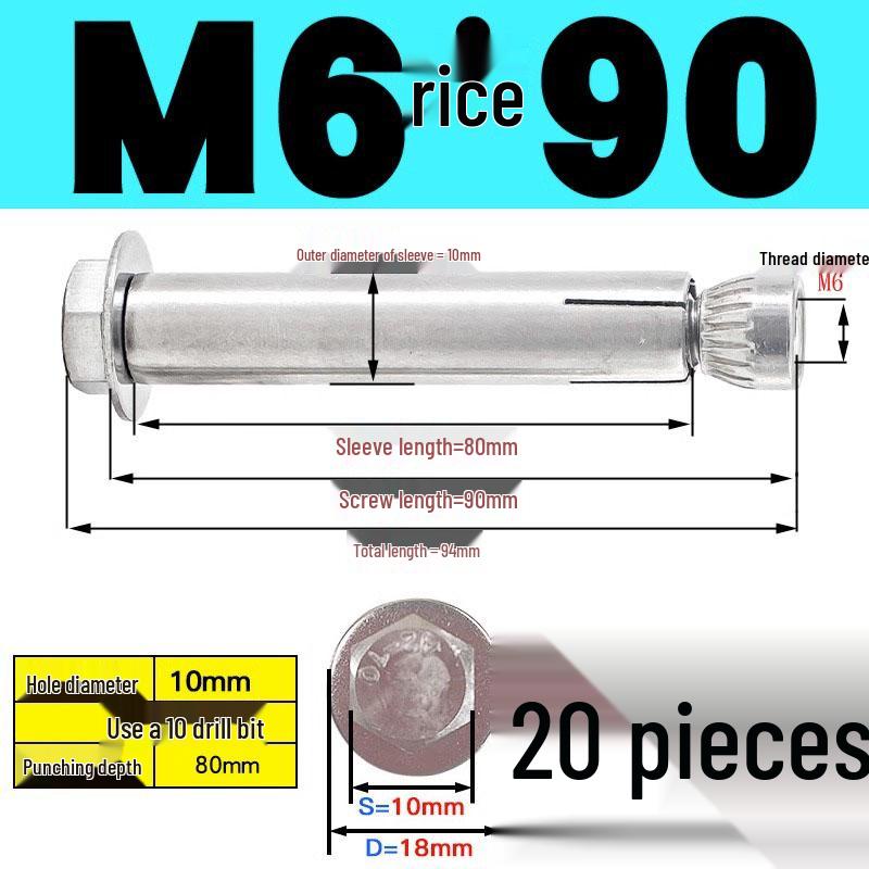 Stainless Steel Expansion Screw: Hexagonal Head with Internal Expansion (304/201), Sizes M6, M8, M10, M12.