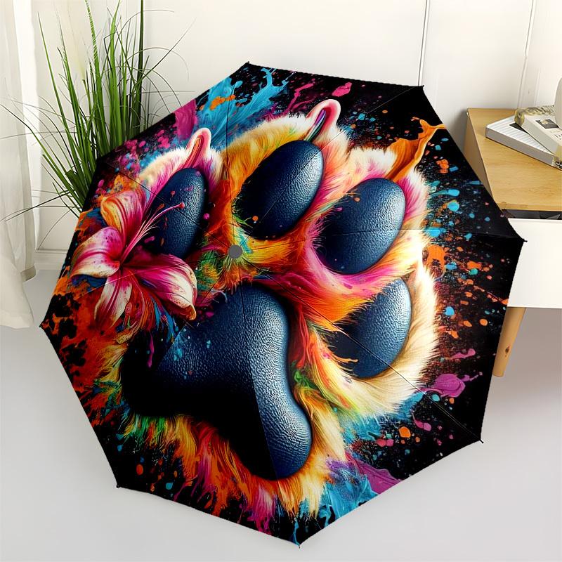 

1pc Colorful Paw Print with Flower Umbrella with Plastic Handle,Vibrant Cartoon Pattern,Multi-functional UmbrellaPT218