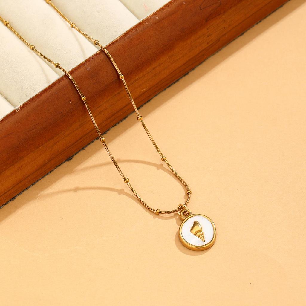 18K Stainless Steel Necklace with Hammered White Mother of Pearl Pendant - French Retro Style for Women