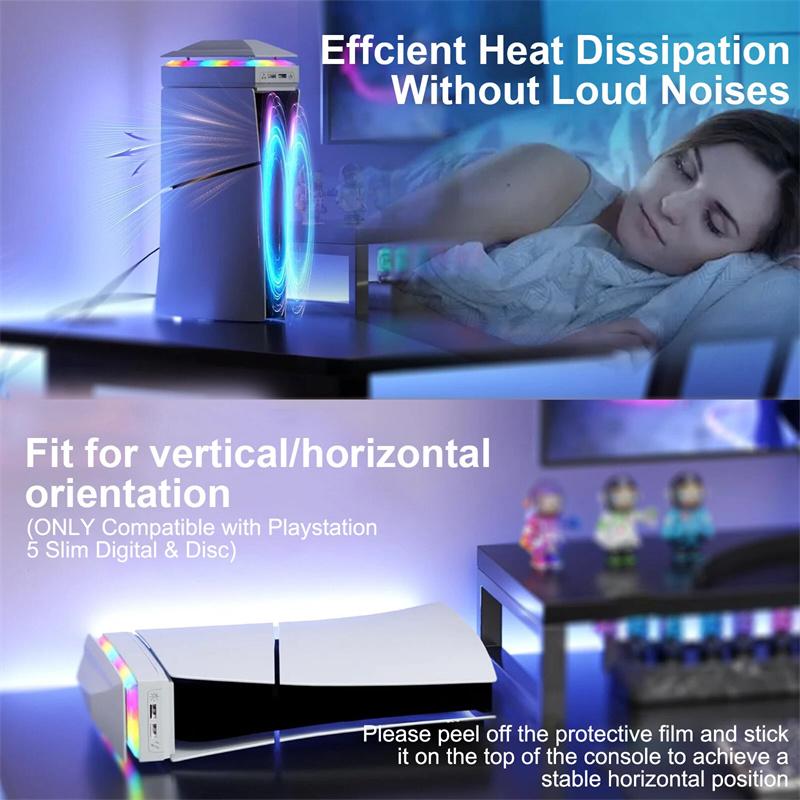 Konsolenlüfter mit Staubschutz Abdeckung Bunte LED-Beleuchtung 2 USB-Anschlüsse Oberer RGB-Lüfter 3 Geschwindigkeitskühler für PS5 Slim Konsole