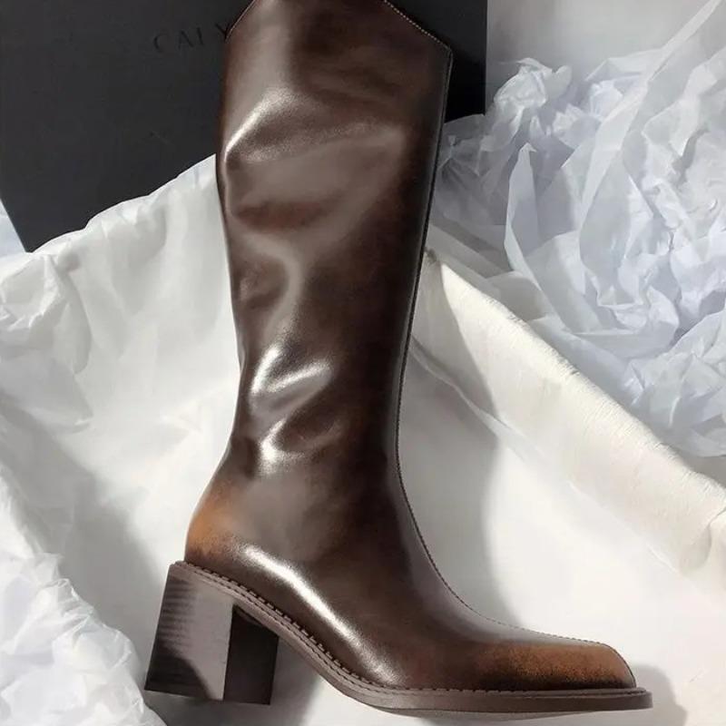 Women Knee-high Boots Temperament Pointe Leather Boots Slimming Long Tube Boot V-mouth Designer Women's Boots Botas Largas Mujer