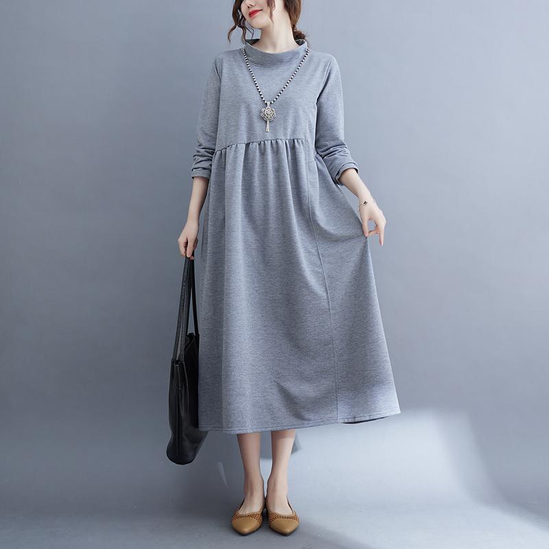 

DIMANAF 2024, весеннее женское платье больших размеров, однотонное свободное винтажное повседневное платье с длинным рукавом и круглым вырезом, нерегулярное женское элегантное длинное платье M чёрный