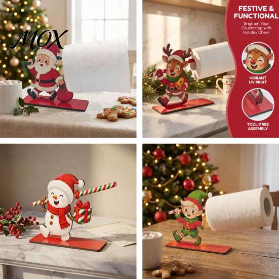 Festive Kitchen Roll Stand Christmas Wooden Napkin Holder, Santa Snowman Reindeer Tabletop Tissue Counter Decor with Sturdy Base, Holiday Paper Towel