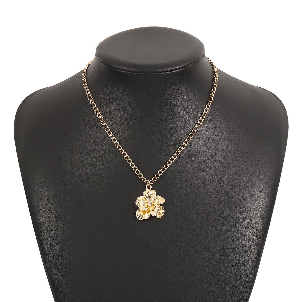 Women French Minimalist Design Metal Flower Stud Earrings Elegant Double Layer Flower Rhinestone Necklace Ring Jewelry