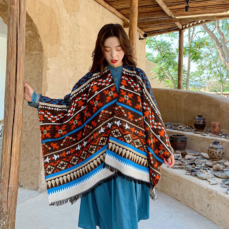 Travel large shawl women's imitation cashmere with double-sided cape geometric pattern fringe air-conditioning room cape summer