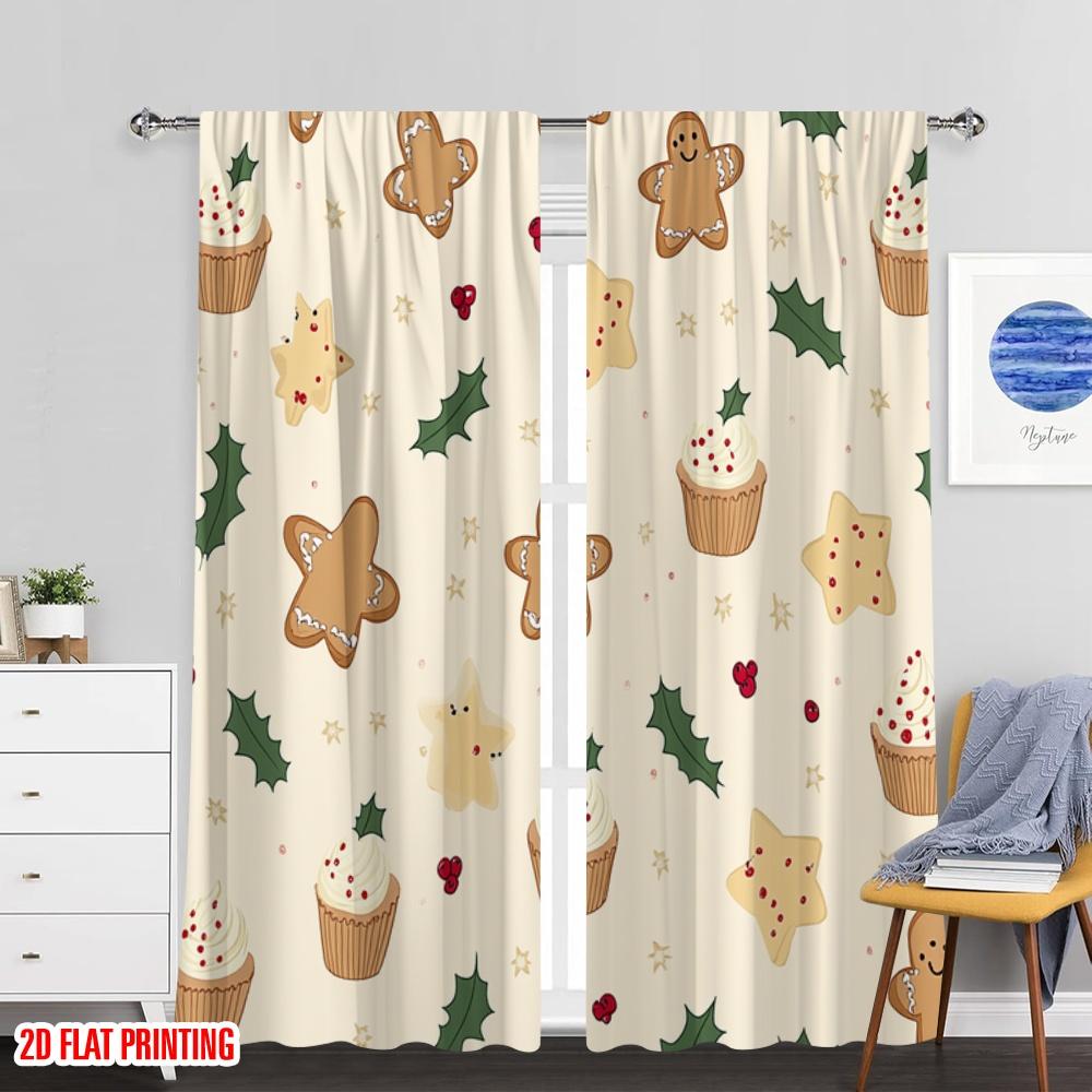 Plane Printing Pattern Curtains Christmas Cookies Gingerbread Stars Muffins Polyester Fabric Without Rod Versatile Curtain Set Of 2 Made Washable