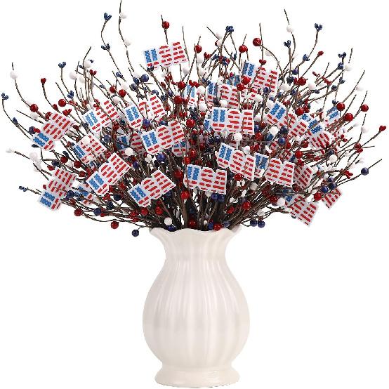 4 Pcs 4th of July Decorations Patriotic Artificial Berry Stem Picks White Blue Red Pearls and American Flags for Independence Day Memorial Day, Home