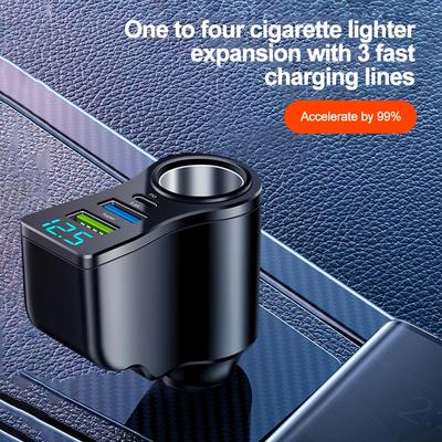 Adaptador de Energia 4 em 1 Carregador de Carro Distribuidor de Tomadas com 2 Portas USB 12V/24V Carregamento Rápido PD USB Tipo C com Display Digital