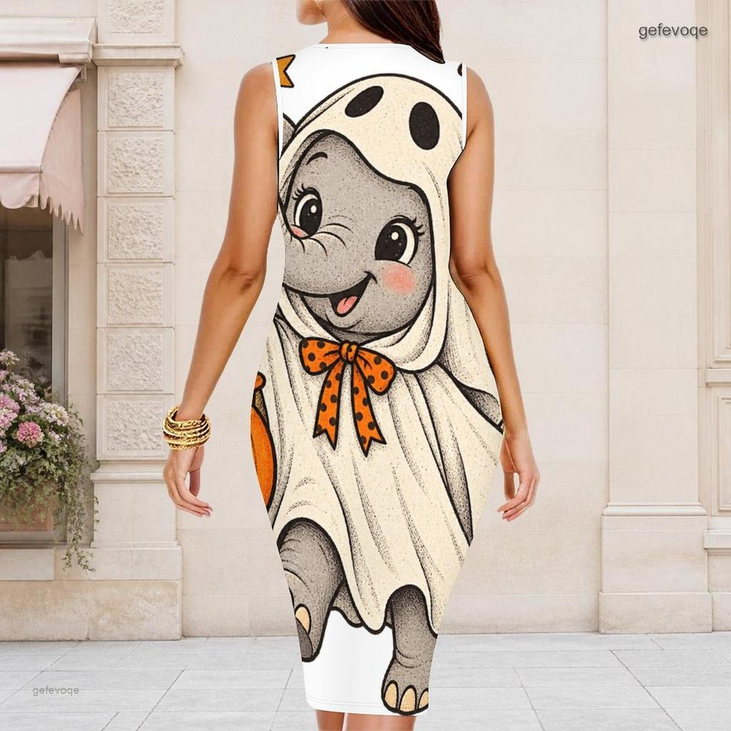 Women Plus Size Round Neck Sleeveless Halloween Sloth Printed Bodycon Midi Dress