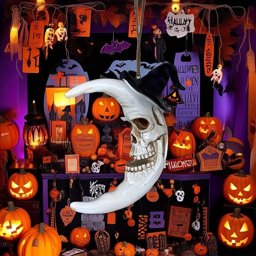 Atmosphere Enhancer Spooky Halloween Skull with Hat Skull Moon Hanging Decoration  Halloween Party