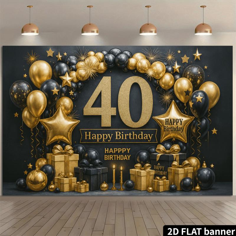 2D-Ebene Premium Schwarz und Gold 40. Geburtstag Hintergrundbanner mit glänzenden goldenen Zahlen + Geburtstagsdekorationen