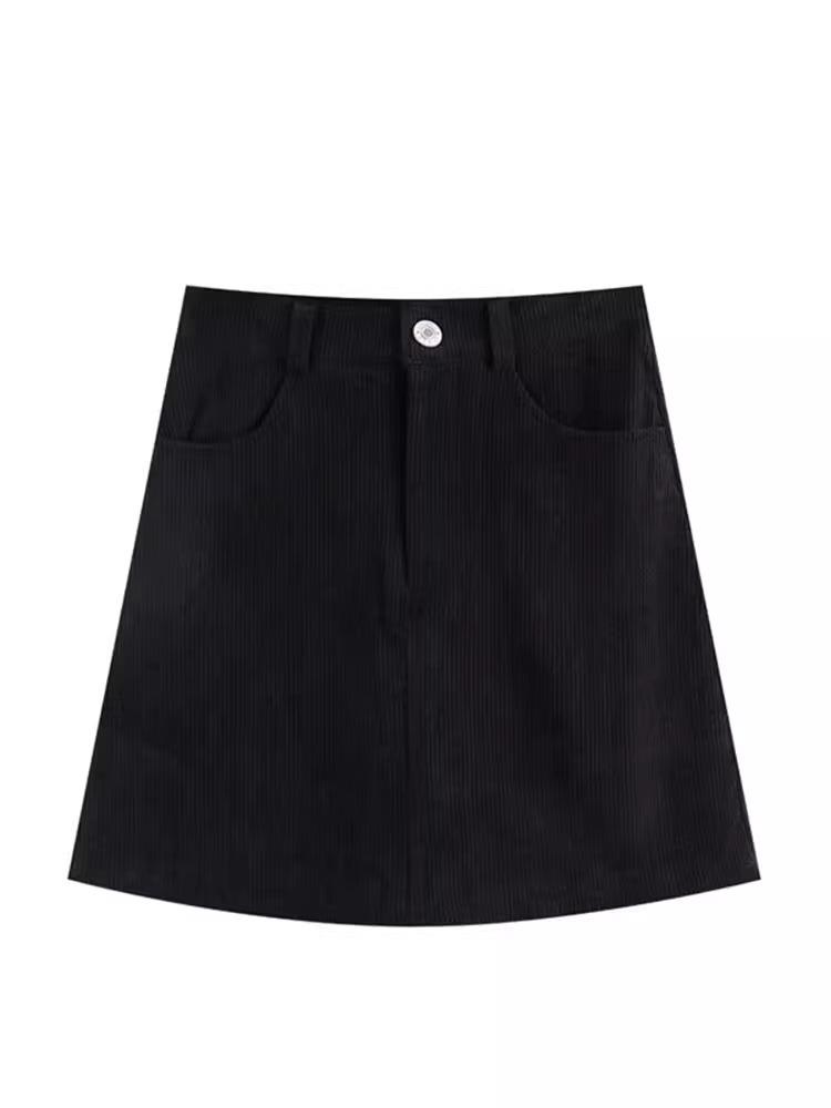 Cord-Minirock in Schwarz mit hoher Taille, A-Linie, für Damen - Herbst/Winter Mode 2026