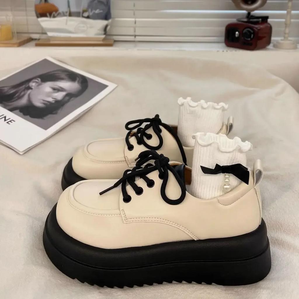 Fashion Ladies Pumps Loafers Women's Shoes 2025 Spring Autumn Round Toe Platform Middle Hee Lace Up Casual Leather Single Shoes Female