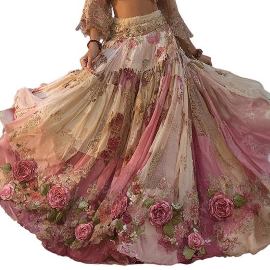 Maxi Skirt High Waisted 3D Floral Print Large Hem Long Skirt Bohemia Style Summer S E