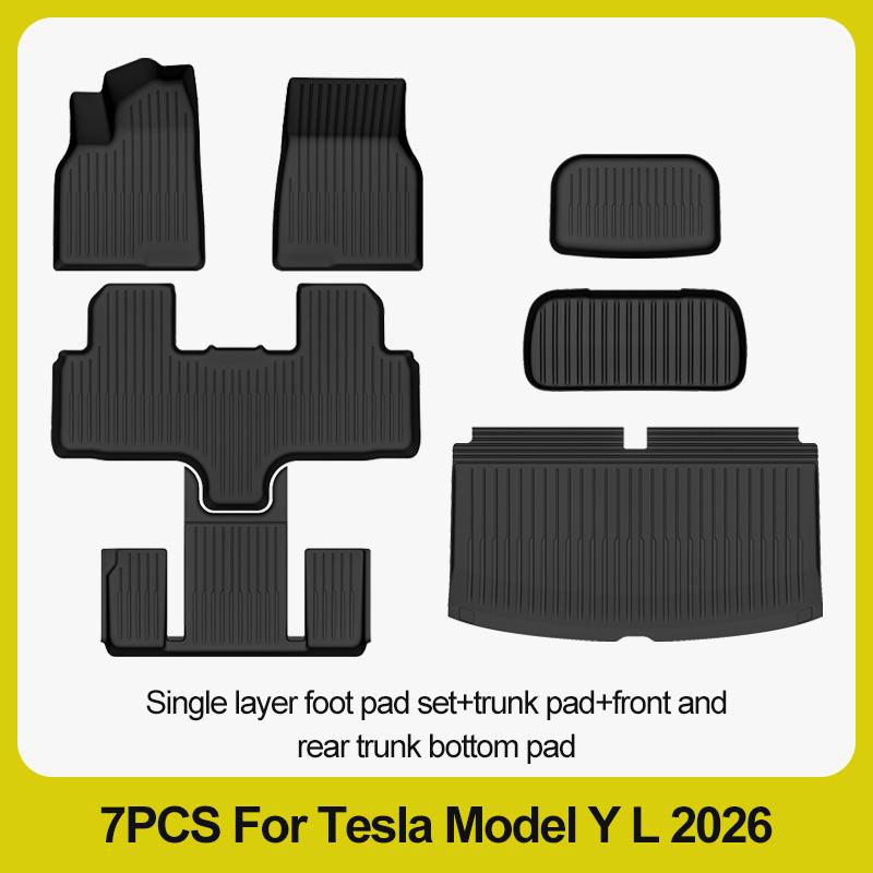 Tapis de sol 6 places pour Tesla Model Y L 2026+, tapis de coffre TPE 3 rangées, housse de siège arrière, doublure de coffre avant, plateau de