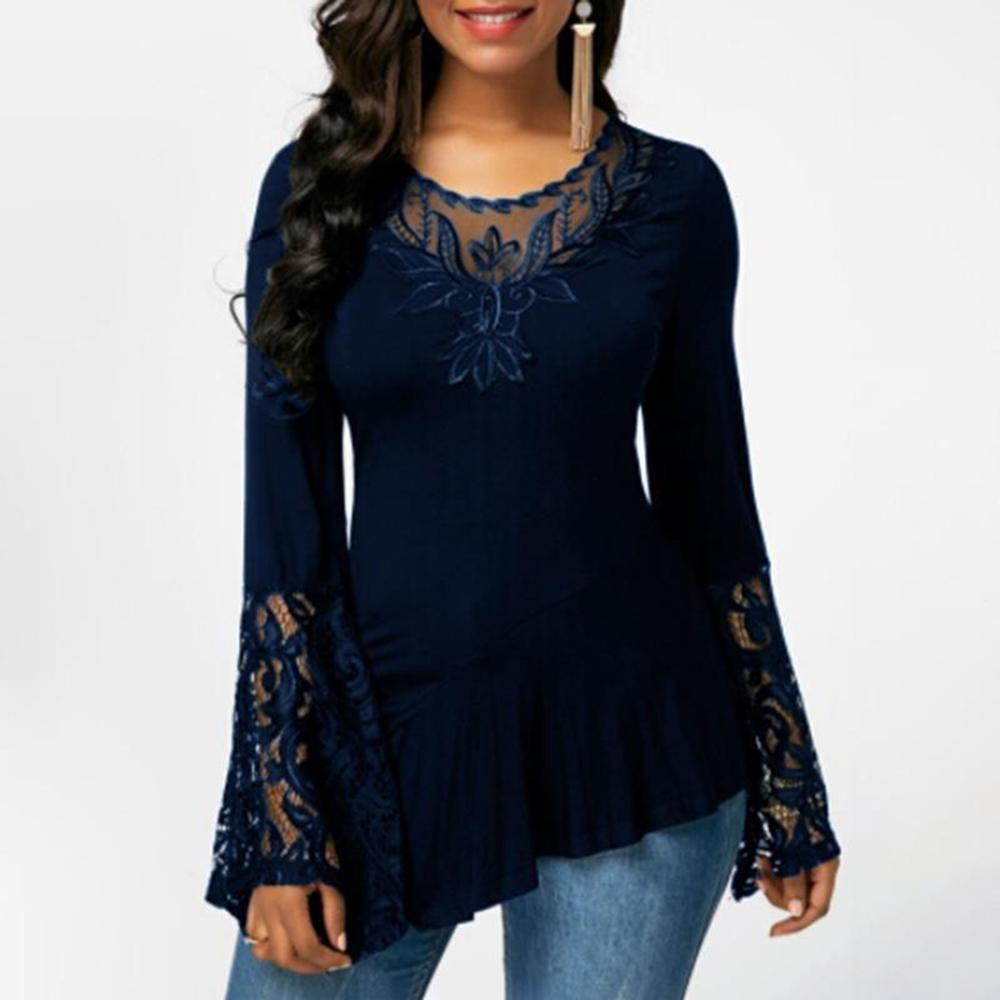 Womens Sexy Autumn Plus Size Solid Pullover Long Flared Sleeve Tshirt Ladies Printed Tunic Tops Blouses Clothing