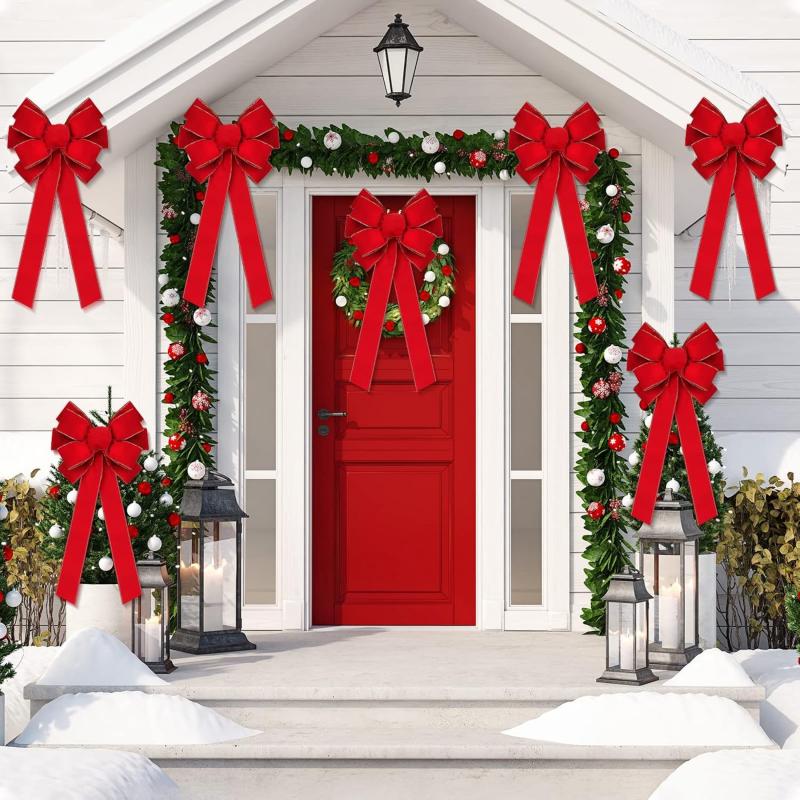 1-4PCS Red Christmas Bows Outdoor Decorations Large Christmas Tree Top Bow Velvet Wreath with Glitter Gold Edge Front Door Decor