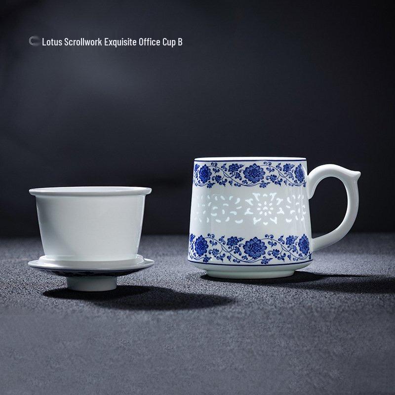 Керамическая чайная кружка Shangqi Blue & White Linglong с ситечком