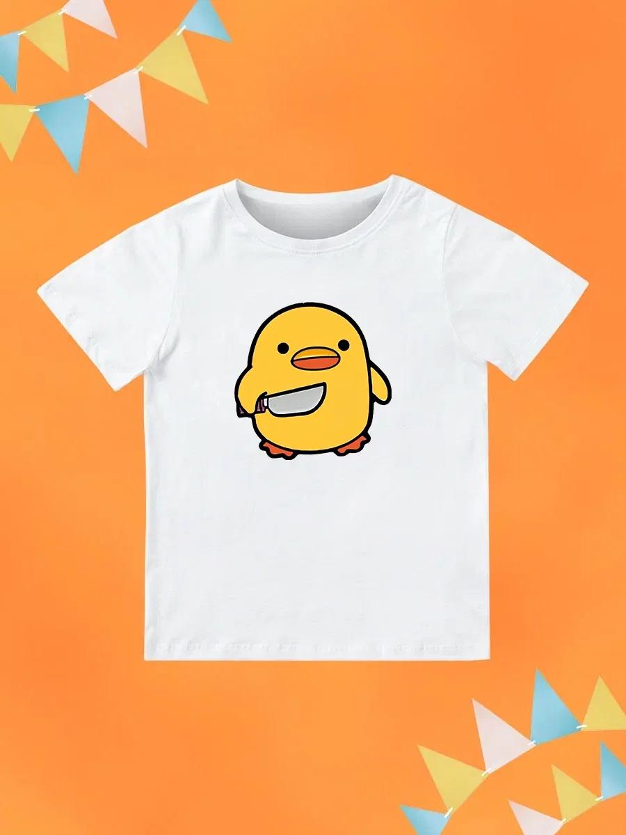 Round Neck Printed Pattern Pullover Short Sleeve Kids Tops Duck with Knife 120
