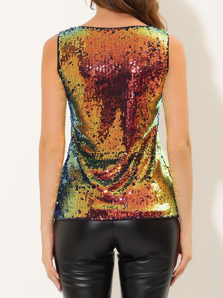 Allegra K Mermaid Tank Round Size S Women's Top, Camisole, Sequins, Shining, Sparkle, Sleeveless, Neck,