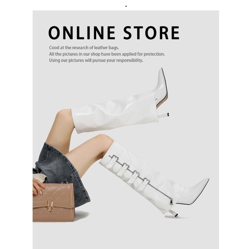 

Spice girls catwalk warehouse boots women s autumn and winter new side zipper high heel fashion boots belt buckle slim long boots tide 40 чёрный