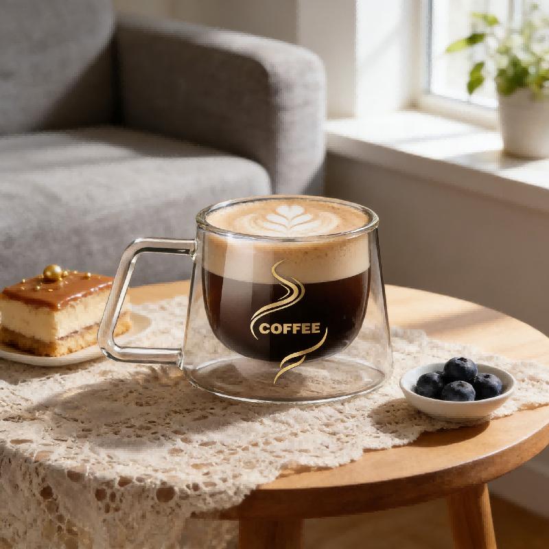 200ml Double-Wall Glass Mug with Handle Heat-Resistant Cup for Coffee Latte Cappuccino Tea Perfect Breakfast Drinkware