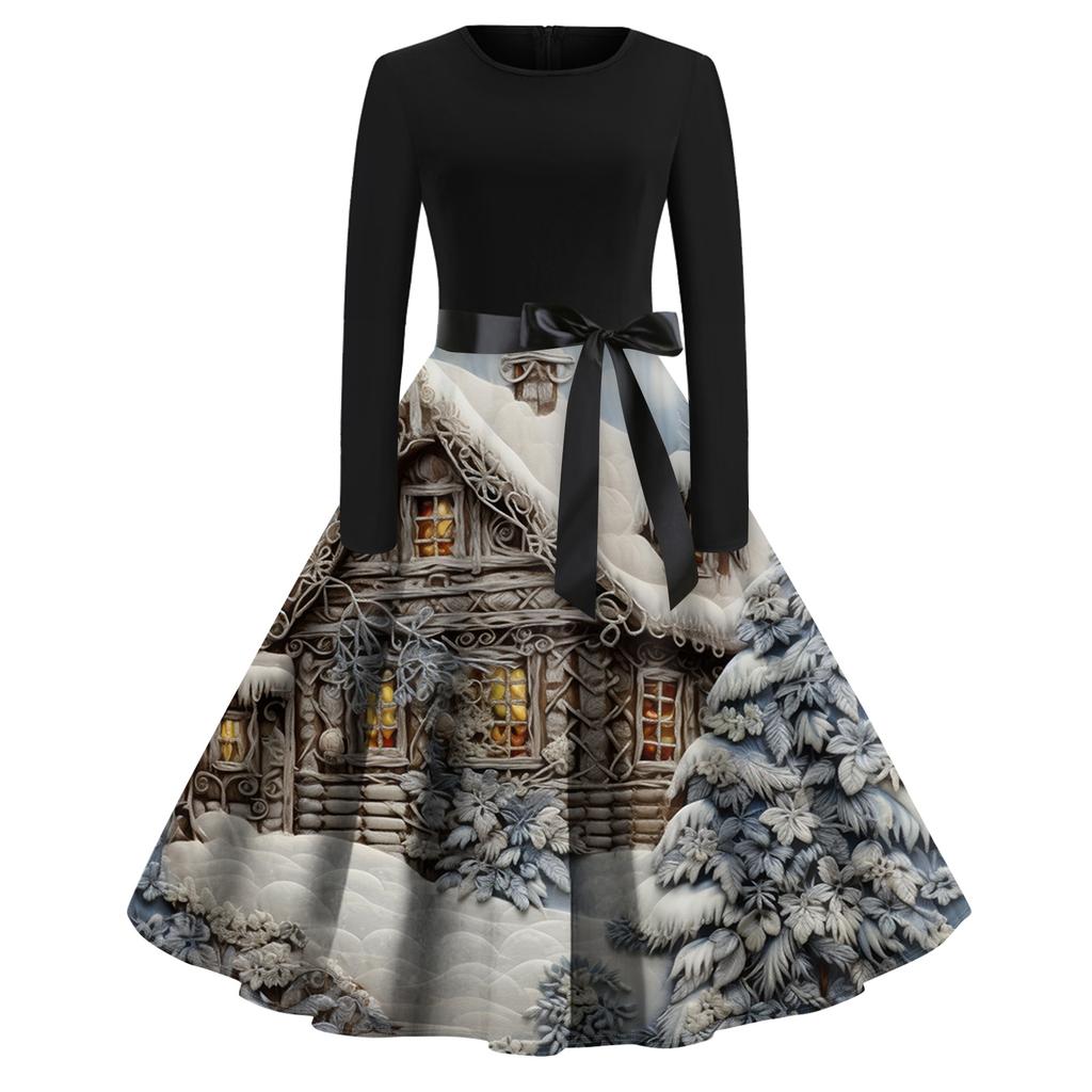 Women's Fashion Round Casual Slim Fit Christmas Print Large Swing Long Sleeve Dress