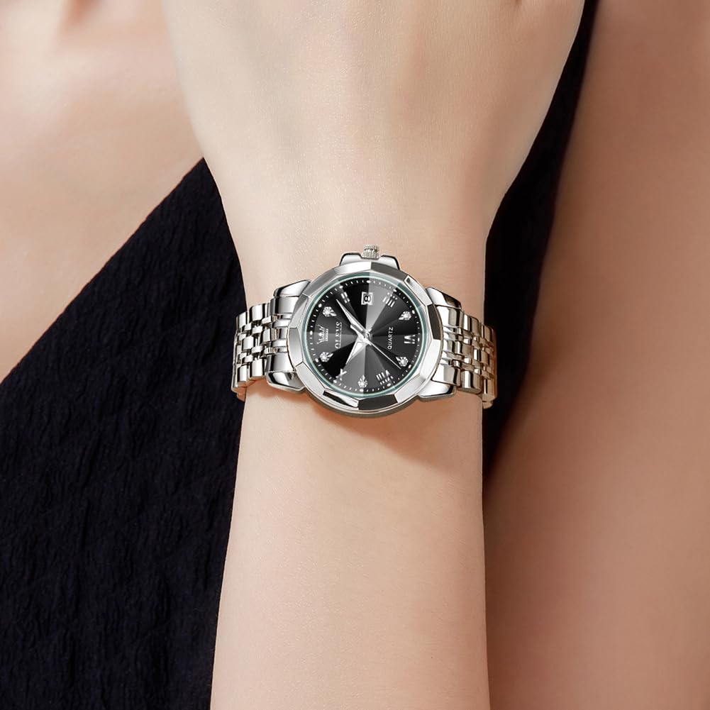 OLEVS Women's Quartz Watch with Scent, Lightweight, Stainless Steel, Date Display, Diamonds, Waterproof, Luminous, Gift, Fragrance Watch, Black