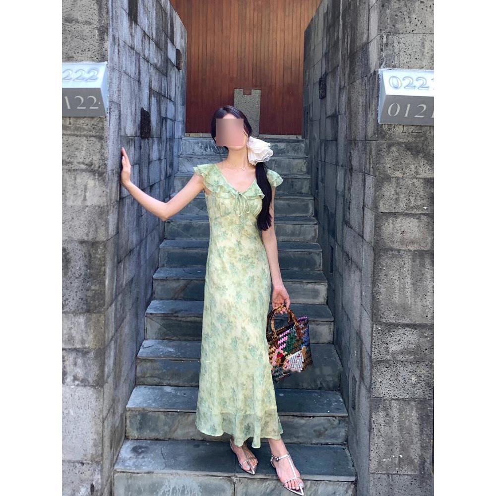 Dívčí nové letní krásné zelené květinové šaty Dětské šaty s krátkým rukávem a pasem