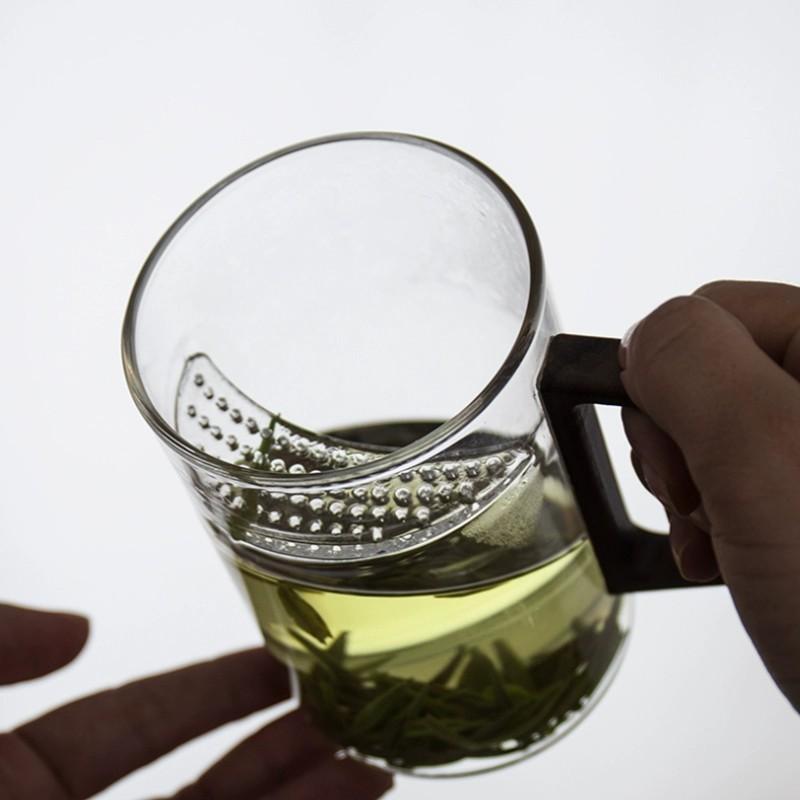 Glass Green Tea Brewed Tea Cup with Crescent Filtration Single Layer Transparent Cup Wooden Handle Household Large Capacity Flower Tea Cup