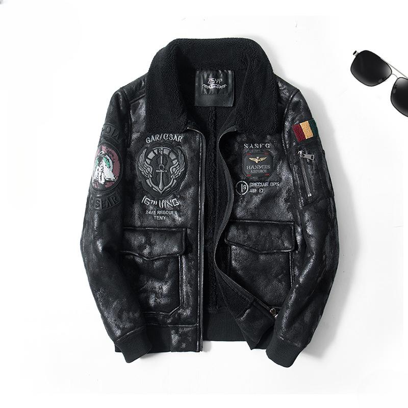 Men's Clothing Plus Size Motorcycle Clothing Fur Integrated American Retro Lapels Fleece-lined Flight Suit Leather Coat