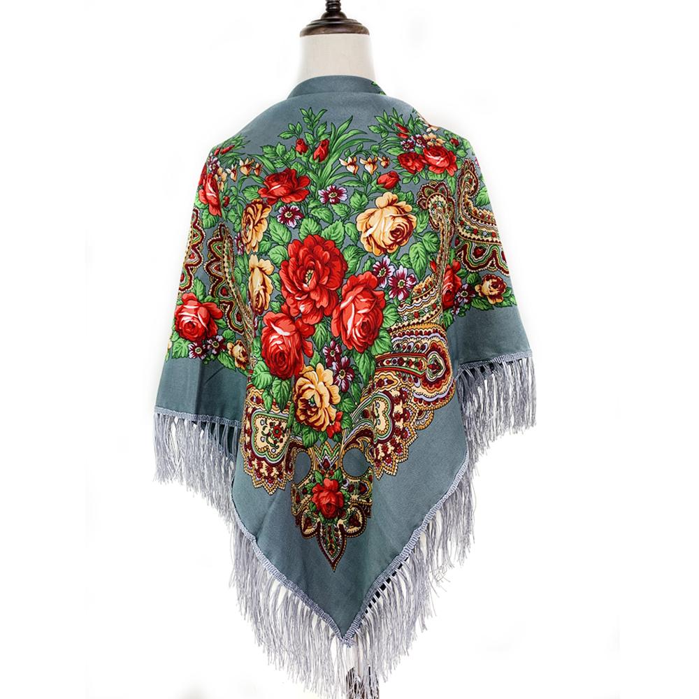 135*135Cm Russian Style Square Scarf For Women Luxury Floral Print Bandana Head Scarves Lades Fringed Shawl Headwraps Foulard