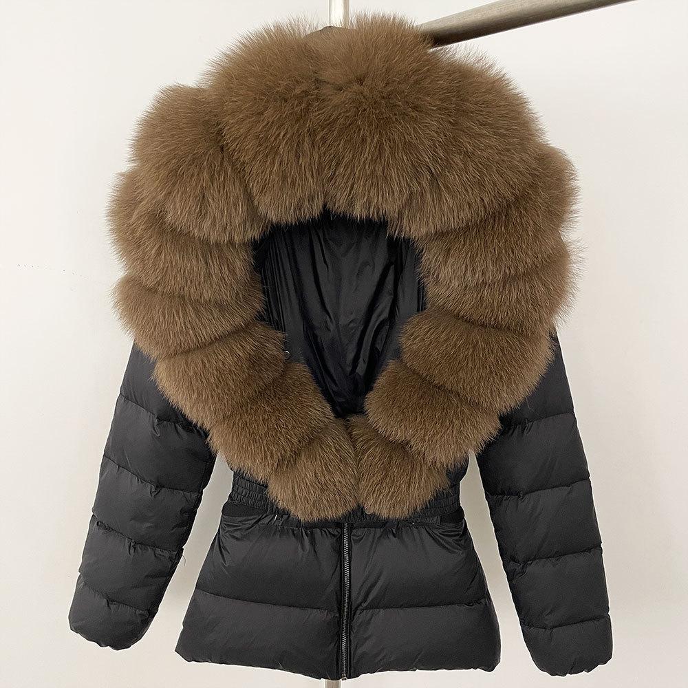 Winter new popular women's natural real fox fur collar white duck down jacket thickened waist slim down jacket