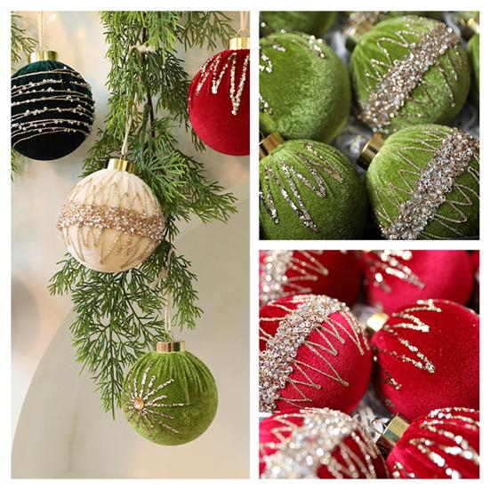 12 Pcs Velvet Glitter Christmas Ball Ornaments 3.15" Shatterproof Flocked Sequin Balls Christmas Tree Ornaments for Indoor Outdoor Holiday Party Decor