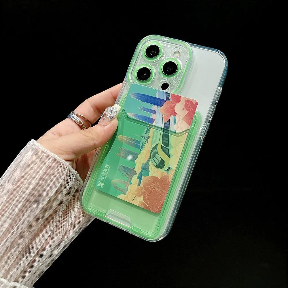 Card Holder Transparent Case for iPhone 15 14 13 16 17 Pro Max Air Plus 11 12 Double Color Wallet Soft Shockproof Cover