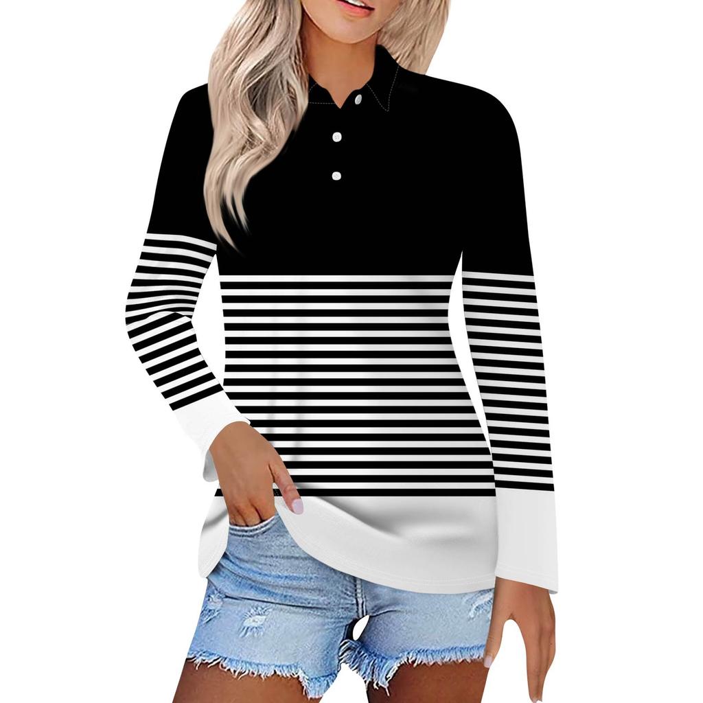 Dame Mote Casual Revers Kortermet Langermet Print Skjorte Dame Knapper Opp Topper