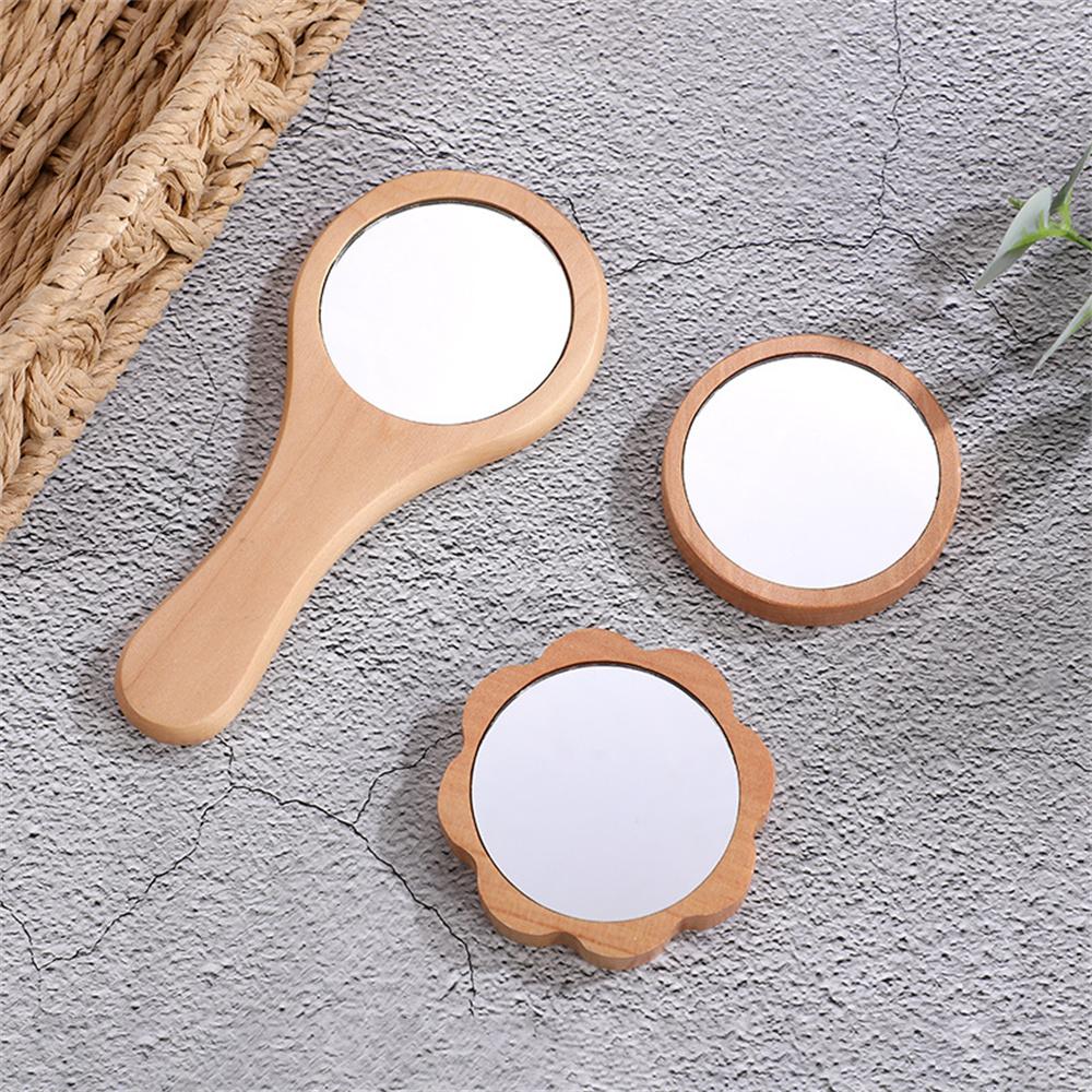 Wooden Hand Mirror Vintage Portable Round Cosmetic Mirror Compact Makeup Vanity Hand Held Mirror Women Travel Mirrors