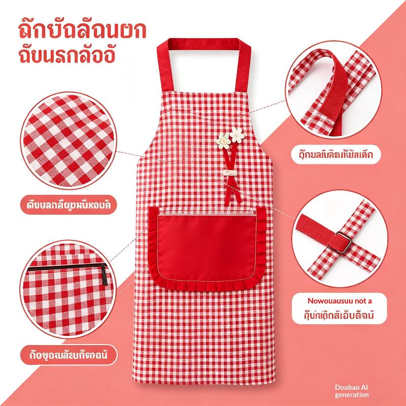 Black And White Checkered Apron With Cute Flower Decorations And Large Pockets.