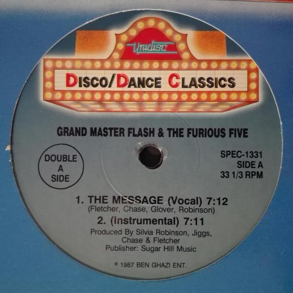 

12-дюймовая пластинка GRANDMASTER FLASH THE FURIOUS FIV The Message Rappers Delight SPEC1331 UNIDISC 1987 Канада Танцевальная Электроника Б/у