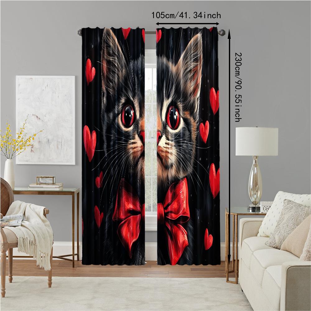 2 pcs   versatile polyester transparent curtains for home decoration Love cat for use in bedrooms and living rooms