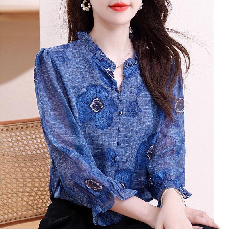 Women S Printed Chiffon Blouse 9 10 Sleeve Loose Fit Casual Shirt