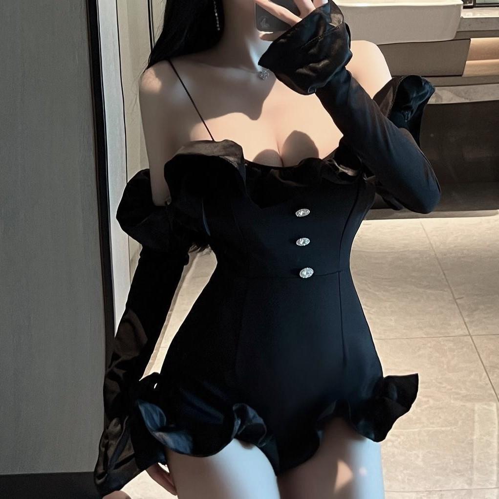 

New Women s Sexy New Bouncy Women s Jumpsuit Women s Long Sleeve Suspender Tube Top free size [ 40-60kg ]