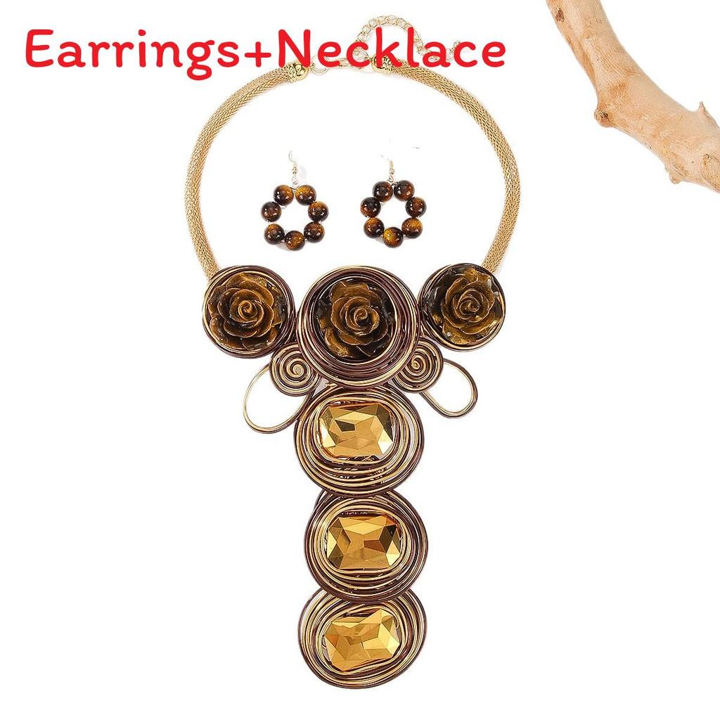 Chic Women Geometric Pendant And Earrings Set With Crystal And Resin Flowers